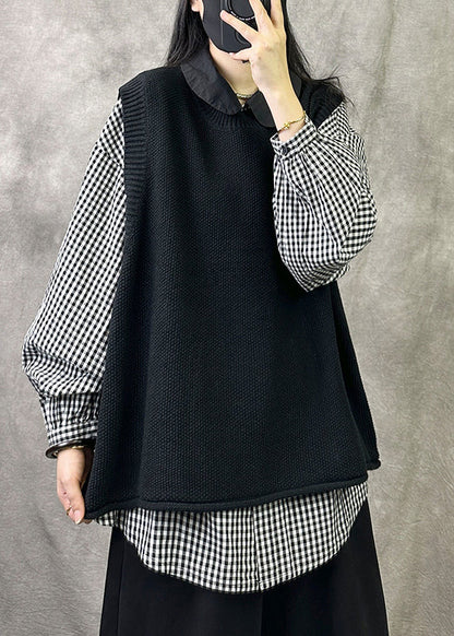 Cozy Black O Neck Knit Vest Tops Sleeveless