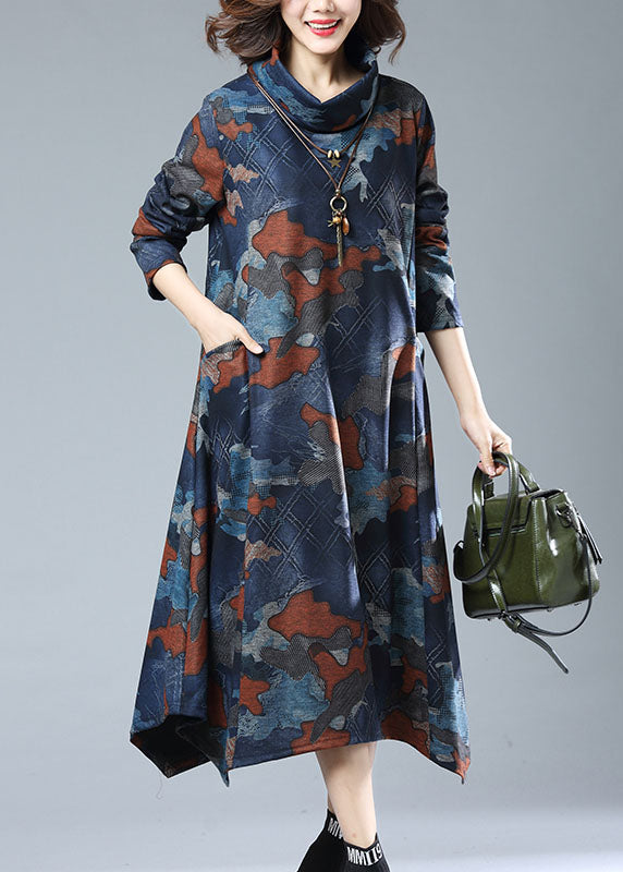 Navy Print Pockets Patchwork Cotton Long Dresses Fall