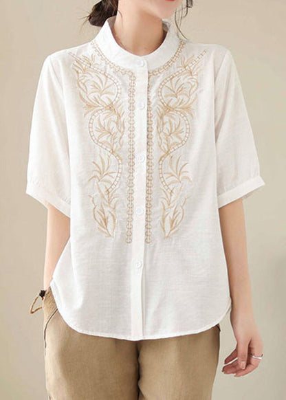 White Patchwork Cotton Blouses Stand Collar Summer
