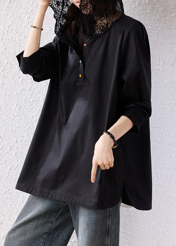 Natural Black Hooded Lace Patchwork Cotton Pullover Sweatshirt Fall
