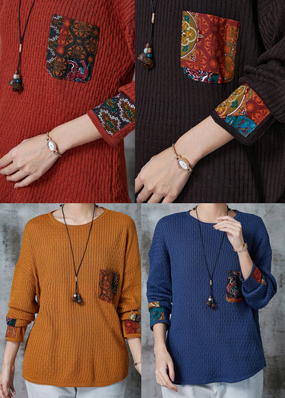 Brick Red Applique Patchwork Knit Sweater Spring