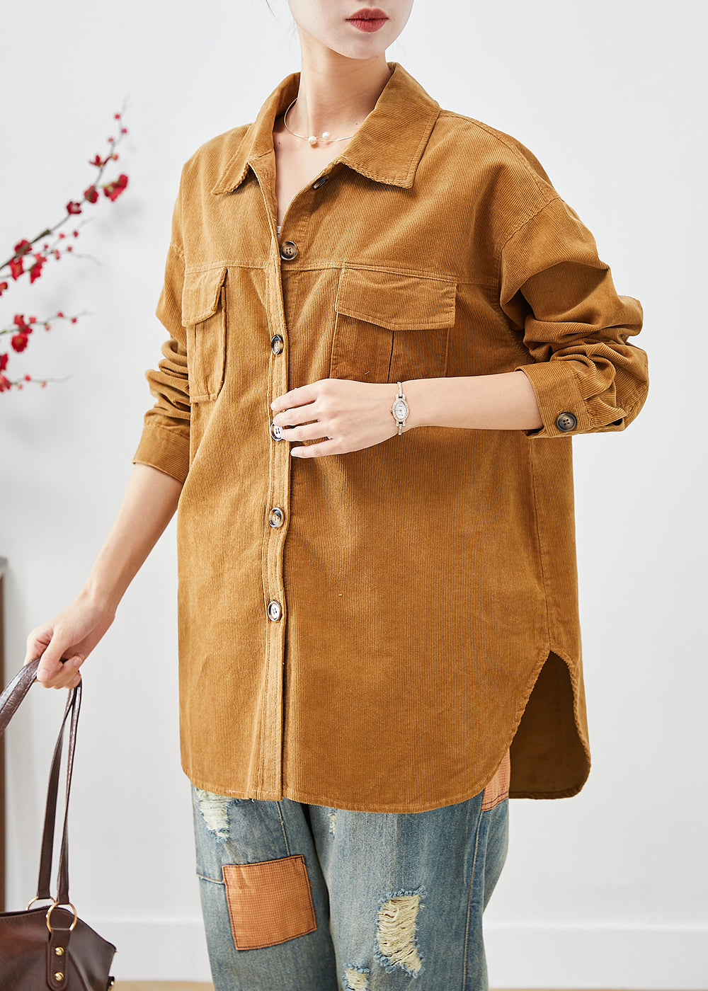 Yellow Oversized Pockets Corduroy Coats Fall