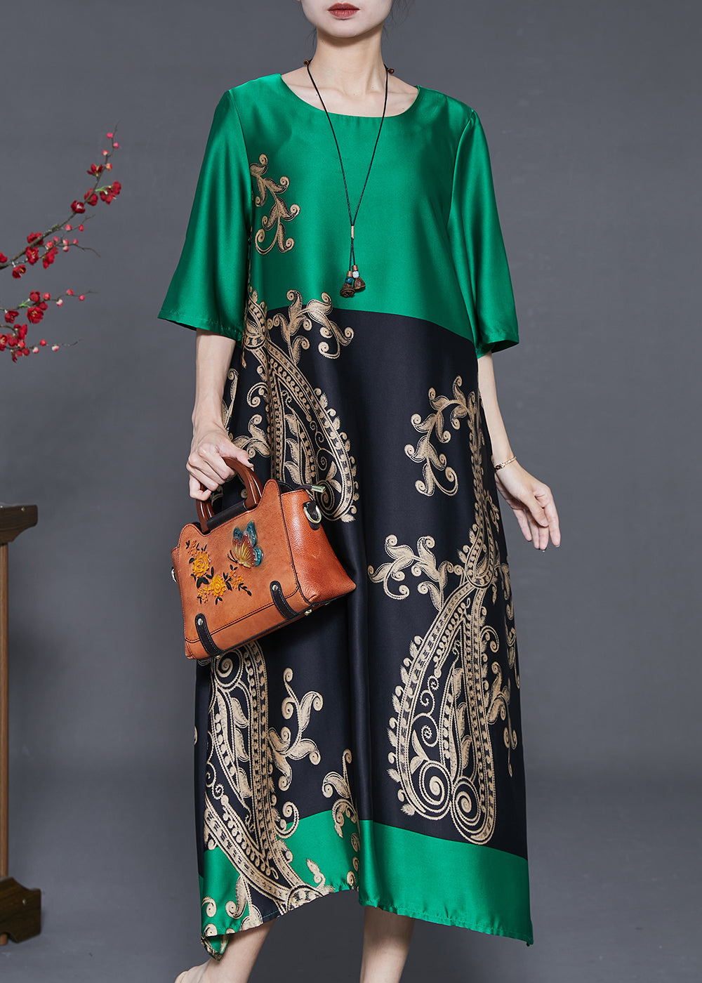 Peacock Green Oversized Patchwork Silk Holiday Dress Summer