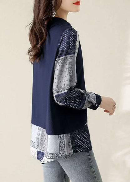 French Navy Peter Pan Collar Patchwork Cotton Fake Two Piece Sweatshirt Spring