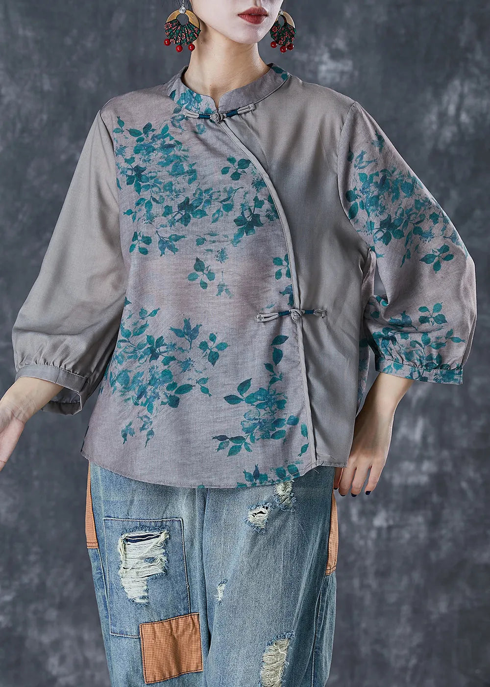 Grey Chinese Style Patchwork Print Linen Blouse Top Fall