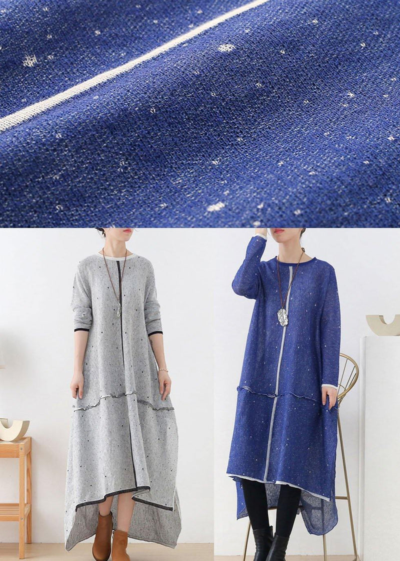 Blue O-neck Pockets Fall Knit Dress