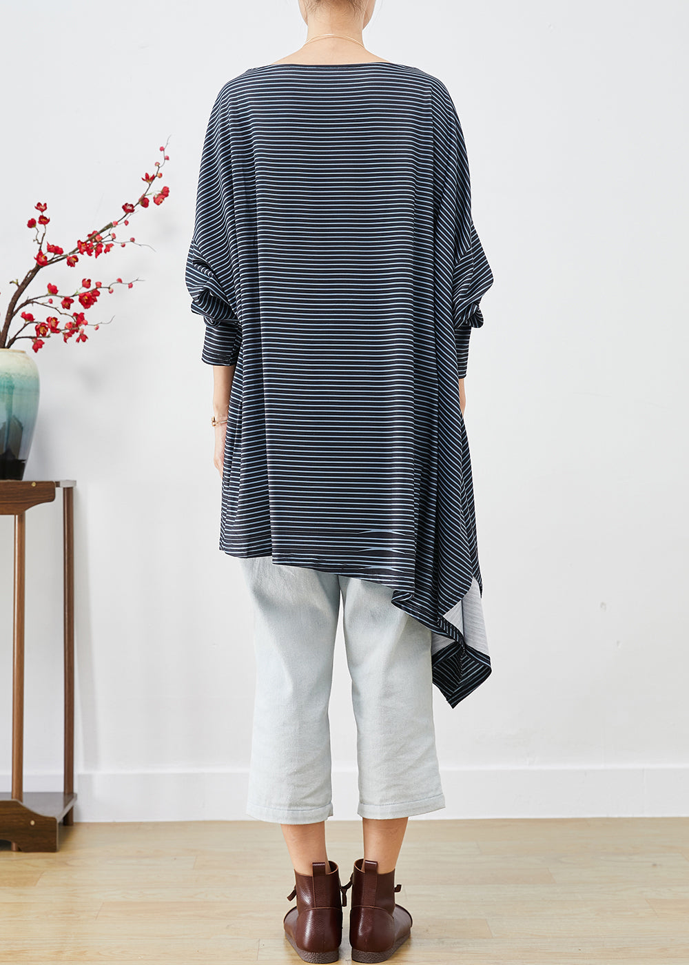 Black Asymmetrical Striped Cotton Blouses Fall