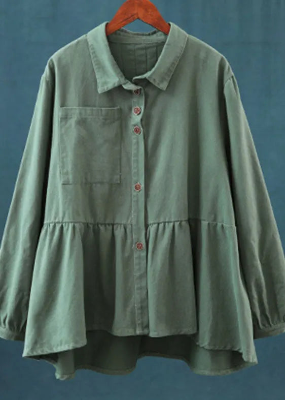 Art Green Peterpan Collar Button Pockets Fall Patchwork Shirts Long Sleeve