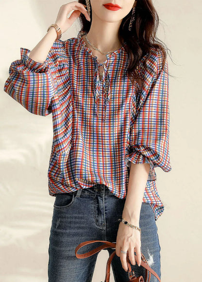 Ruffled Plaid Blouse Tops Spring