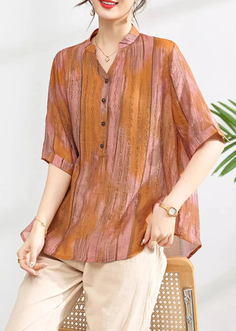 Green V Neck Print Button Cotton Shirt Summer