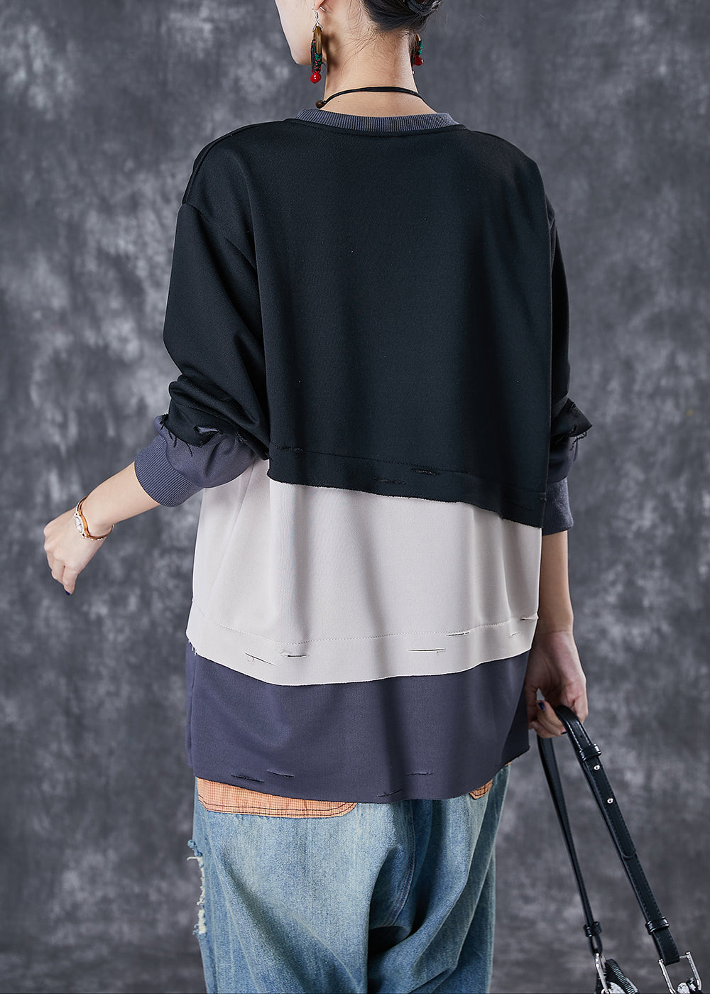 Black Patchwork Warm Fleece Ripped Pullover Sweatshirt Oversized Winter