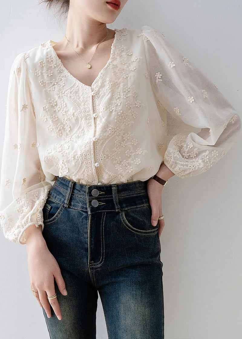Organic Beige Embroidered Nail Bead Chiffon Shirt Tops Spring