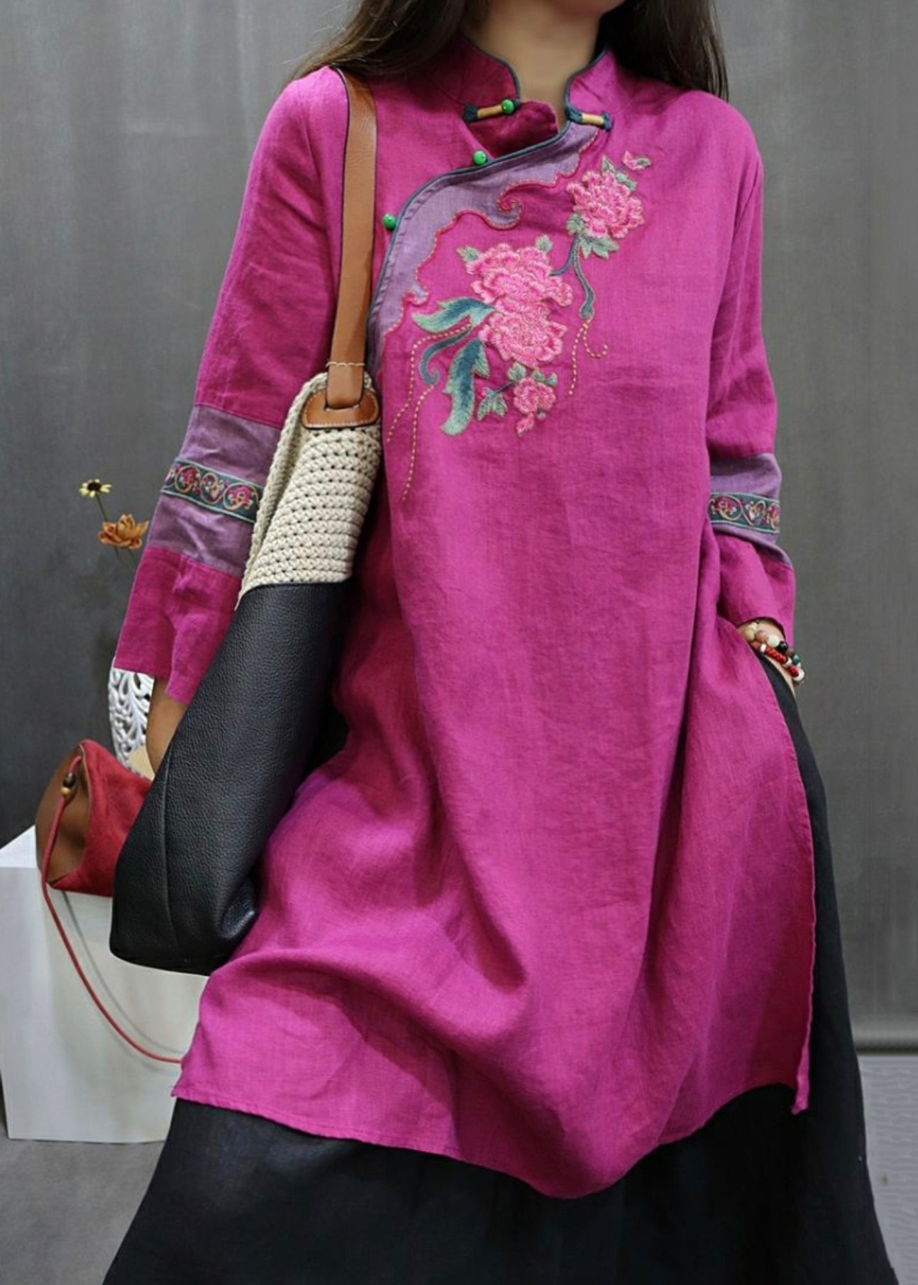 New Rose Stand Embroidered Button Collar Linen Blouses Fall