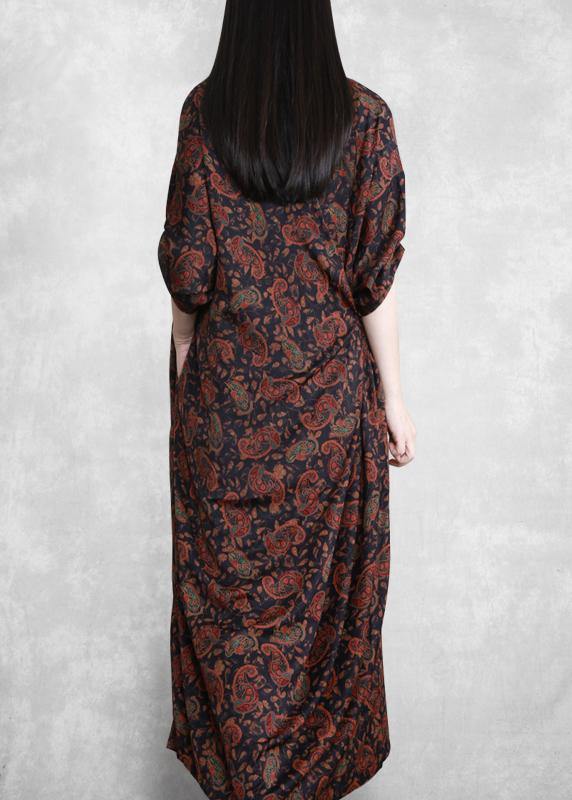 Italian Black Print Dresses V Neck Asymmetric Maxi Spring Dress