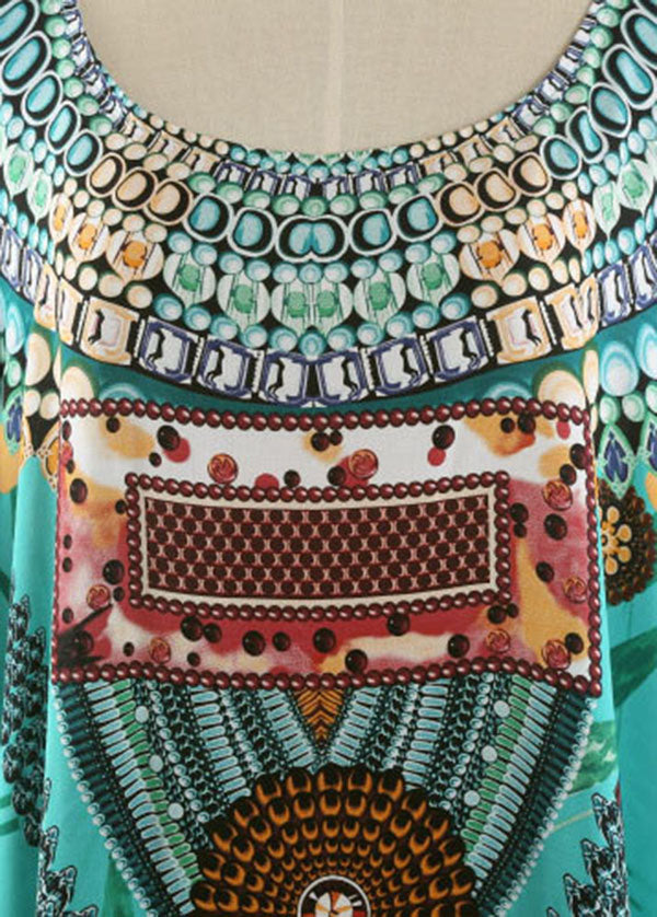 Handmade Green Print O-neck Side Open Robe Summer Cotton Dress