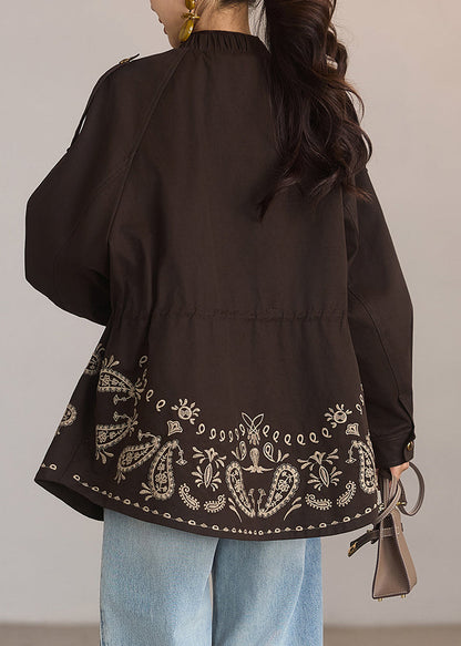 Coffee Print Drawstring Pockets Coat Spring