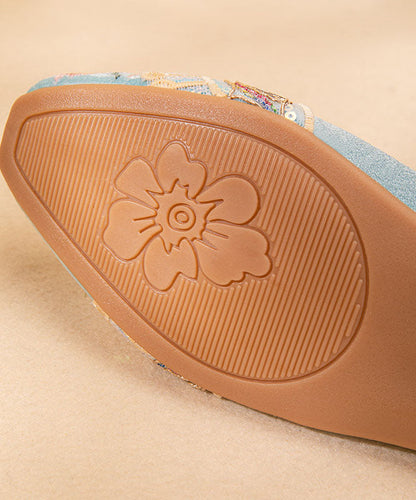 Light Blue Satin Embroideried Shoes Splicing Wedge Pointed Toe