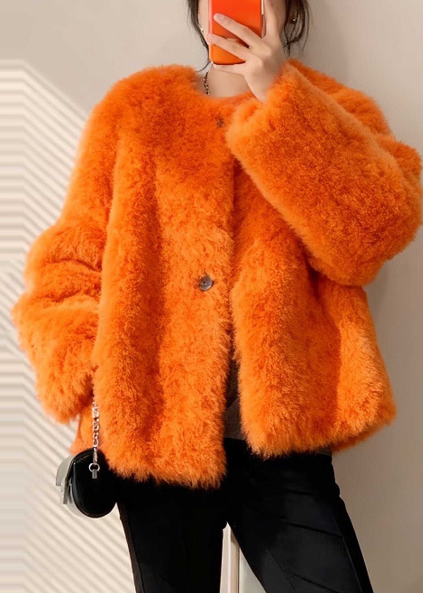 Orange Oversized Warm Faux Fur Coats Winter