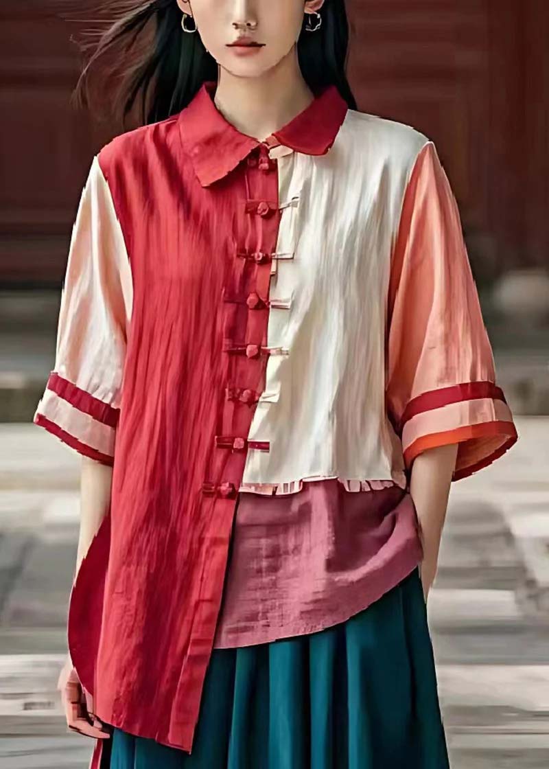 Red Asymmetrical Patchwork Chinese Button Linen Shirt Top Summer