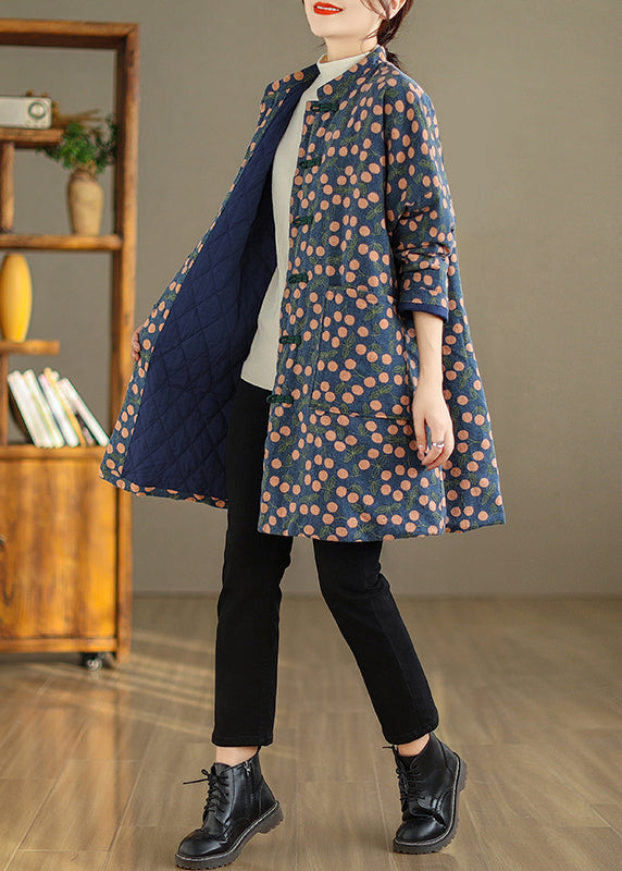 Print Pockets Chinese Button Fine Cotton Filled Coat Winter