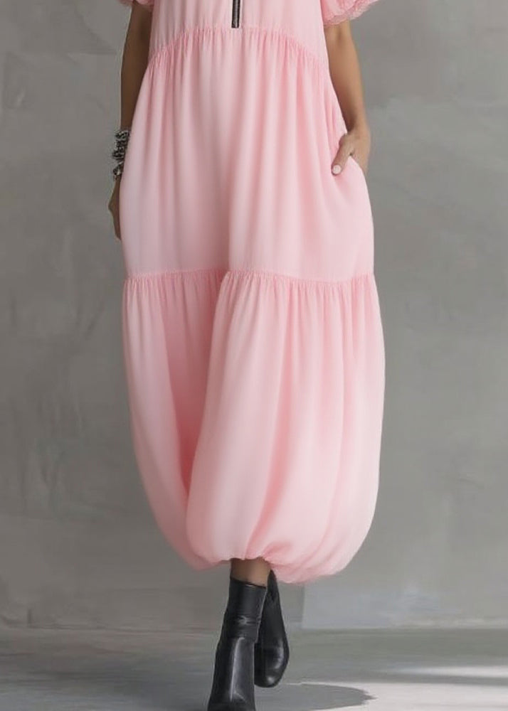 Pink V Neck Pockets Patchwork Long Dress Short Sleeve