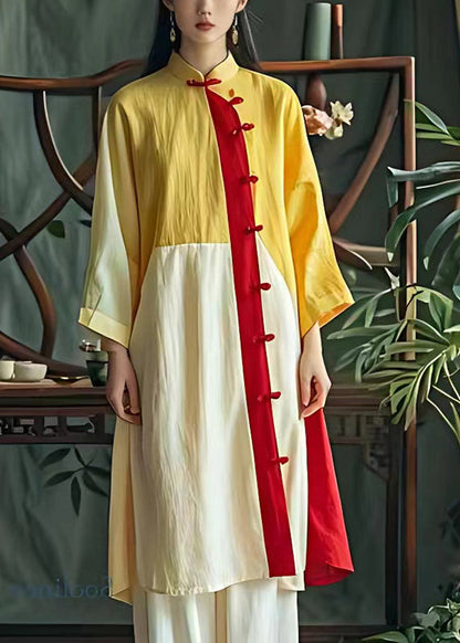 Art Yellow Mandarin Collar Patchwork Linen Oriental Dress Summer