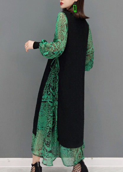 Diy Green O-neck Tie Waist Lace Patchwork Knit Dress Spring
