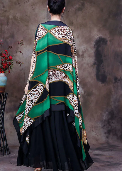 Green Asymmetrical Design Leopard Print Silk Shawl Tops Short Sleeve