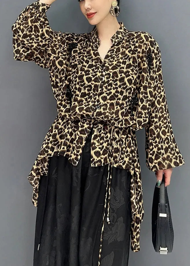 Leopard Stand Collar Asymmetrical Design Tops Fall
