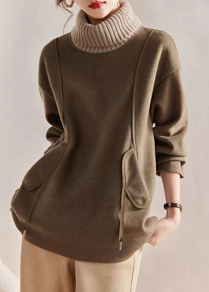 Army Green Turtle Neck Patchwork Cotton Sweatshirts Tops Winter