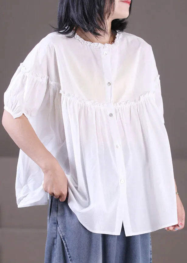 Classy Purple Ruffled Wrinkled Patchwork Button Cotton Shirt Top Short Sleeve
