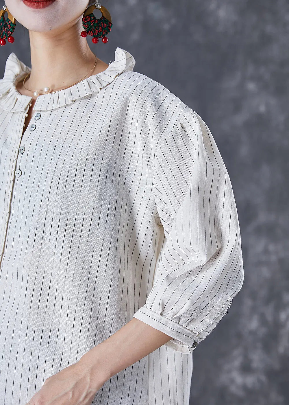 French White Ruffled Striped Cotton Shirt Top Bracelet Sleeve