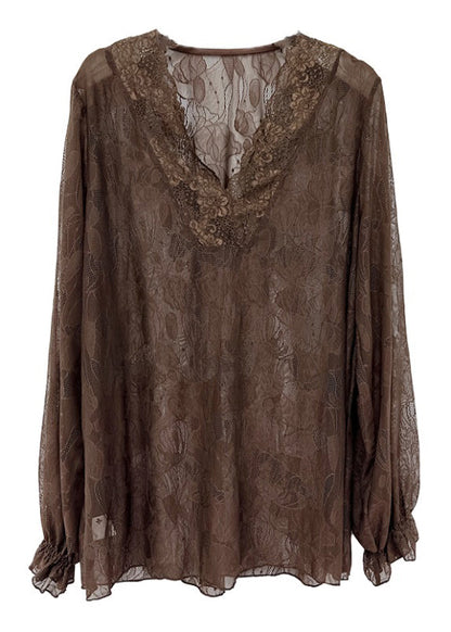 Loose and Versatile Slim V Neck Long Sleeved Coffee Lace Top