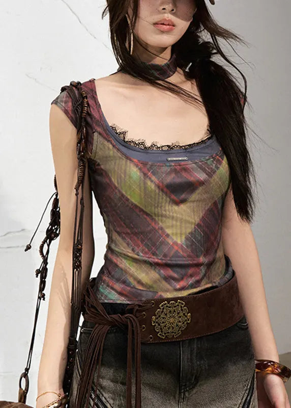 Dark Grey O-neck Print Lace Patchwork Vest Sleeveless