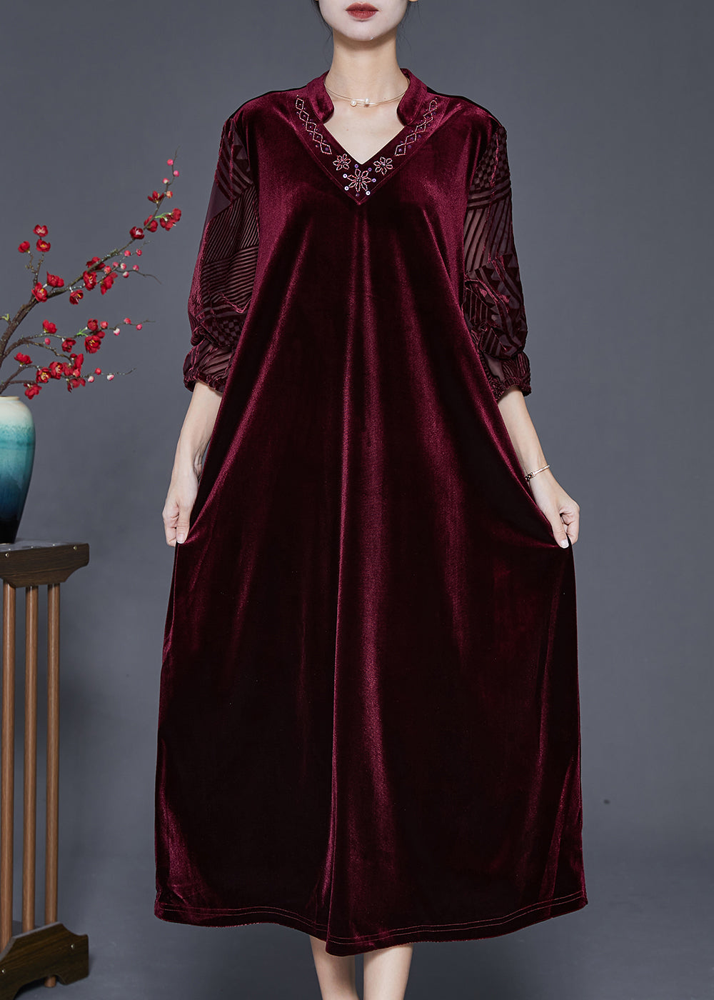 Natural Mulberry V Neck Silk Velour Maxi Dresses Fall