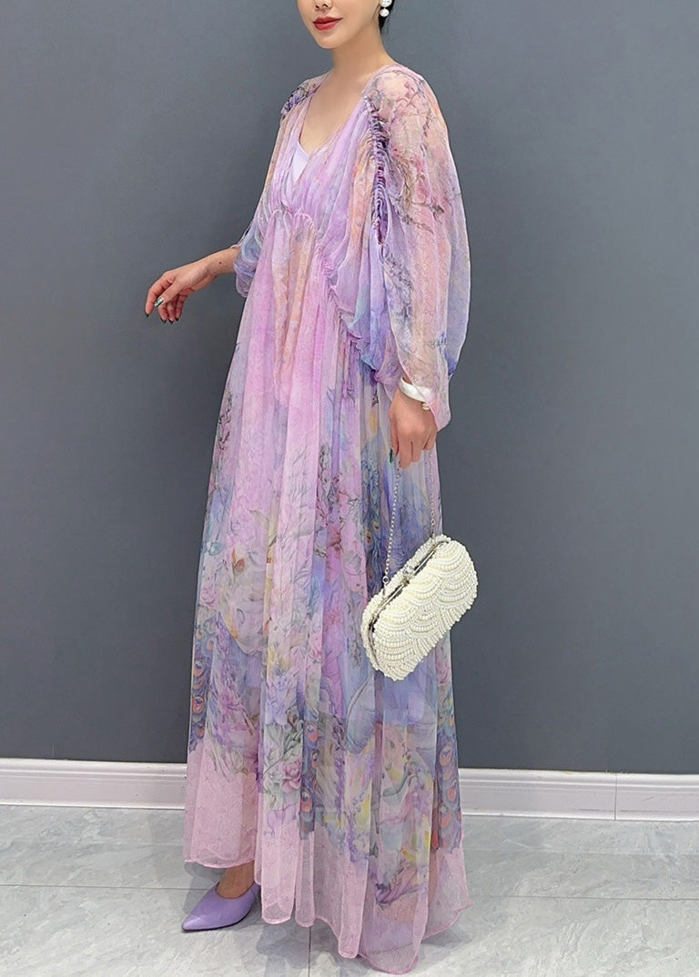Lavender U Neck Print Patchwork Long Dresses Summer