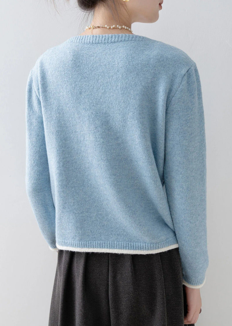 Classy Blue V Neck Nail Bead Patchwork False Two Pieces Knit Sweaters Spring