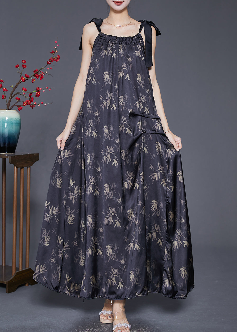 Black Print Wrinkled Silk Strap Dresses Summer