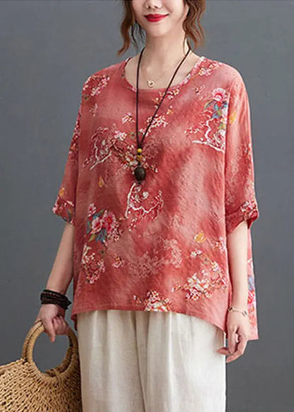Pink Print Linen Loose Tank O-neck Low High Design Half Sleeve
