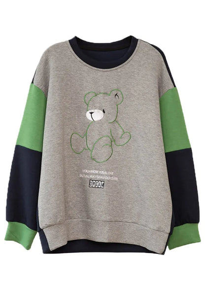Grey O-neck Embroideried Patchwork Cotton Sweatshirt Long Sleeve