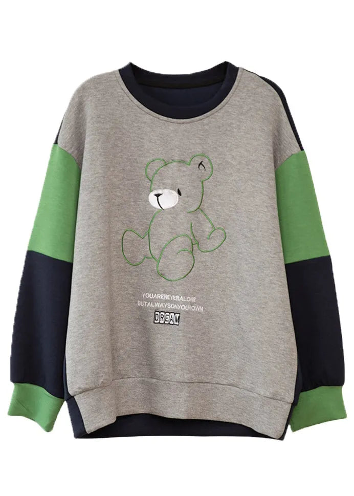Grey O-neck Embroideried Patchwork Cotton Sweatshirt Long Sleeve
