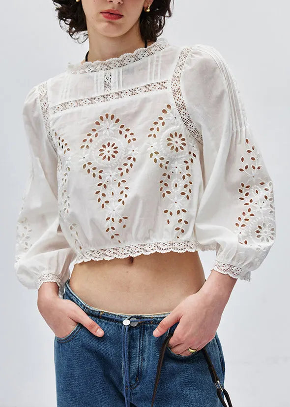 Italian Caramel Embroidered Lace Patchwork Cotton Shirt Top Fall