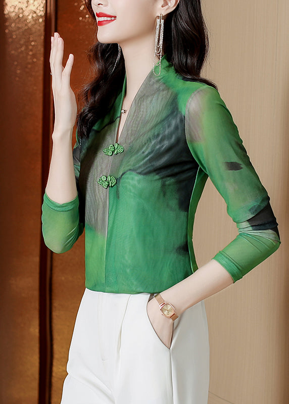 Green V Neck Tie Dye Chinese Button Tulle Blouse Tops Spring