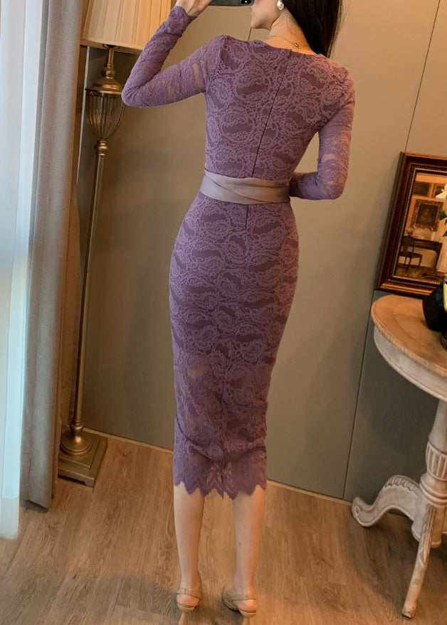 Lavender V Neck Tie Waist Lace Party Dresses Summer