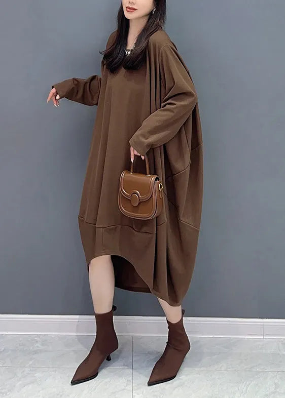 Coffee O Neck Low High Design Patchwork Cotton Dresses Fall