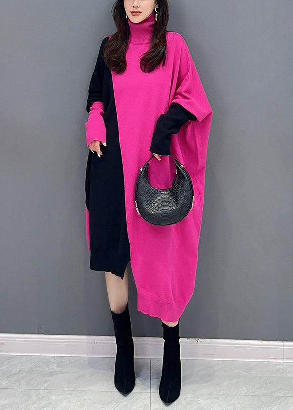 Rose Turtleneck Asymmetrical Patchwork Cotton Knit Long Dress Fall