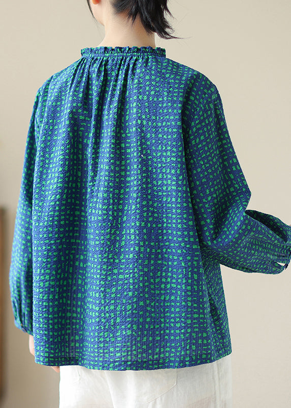 New Blue Ruffled Print Cotton Shirt Tops Spring