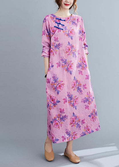 O Neck Chinese Button Spring Pattern Purple Print Loose Dress