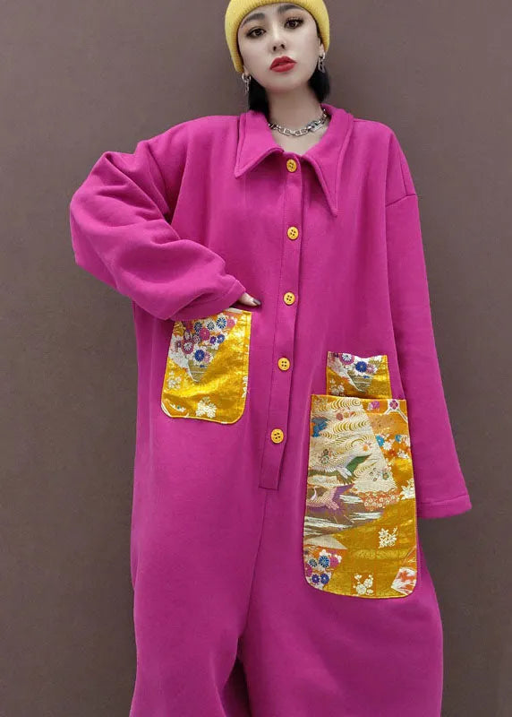 Natural Red Peter Pan Collar Pockets Patchwork Warm Fleece Jumpsuit Spring