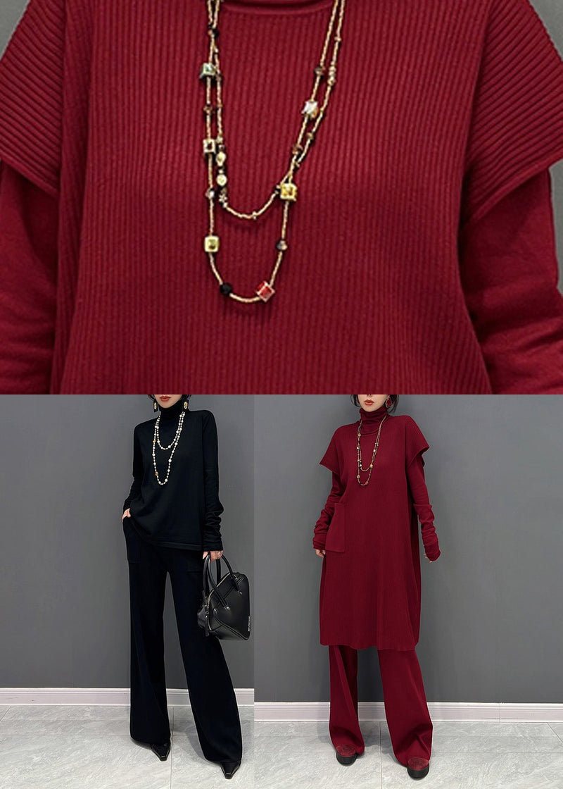 Black Turtleneck Knit Waistcoat and Pants Two Piece Set Winter